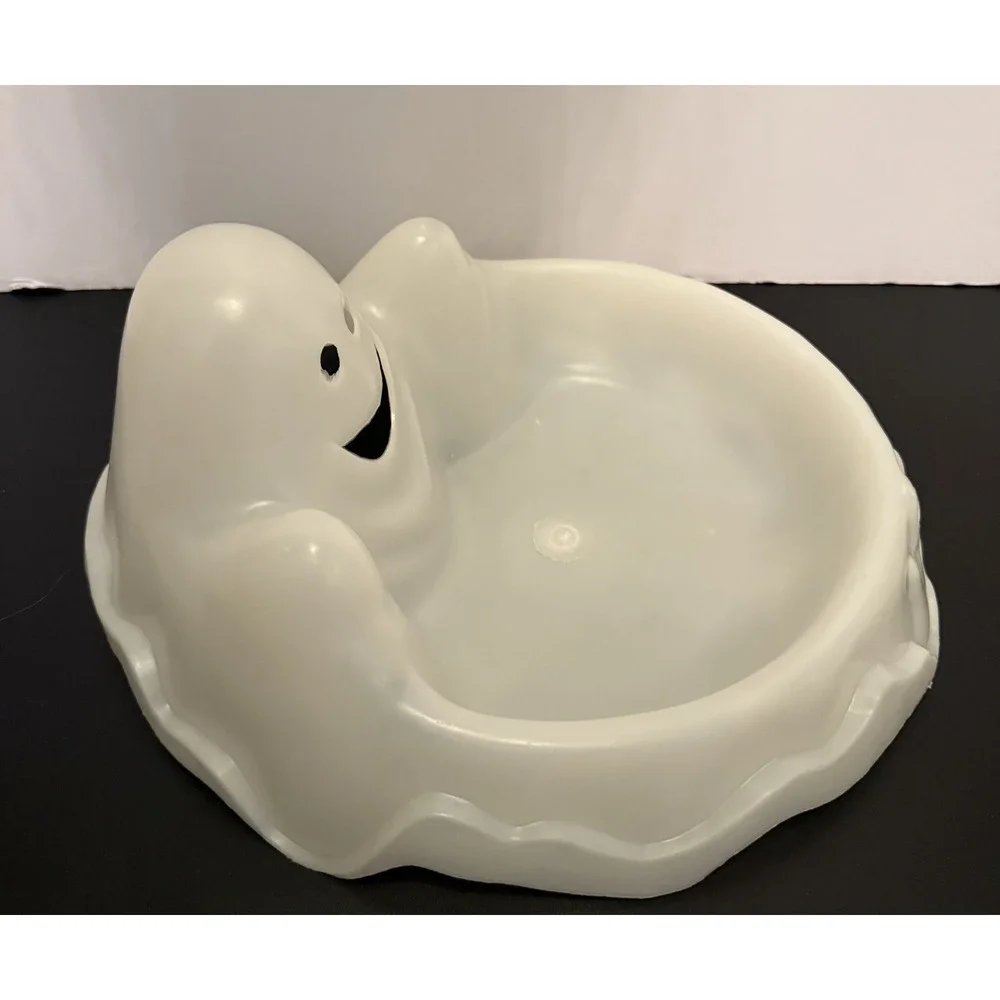 Glow in the Dark Plastic Halloween Candy Dish Bowl Molded White Ghost Shape VTG